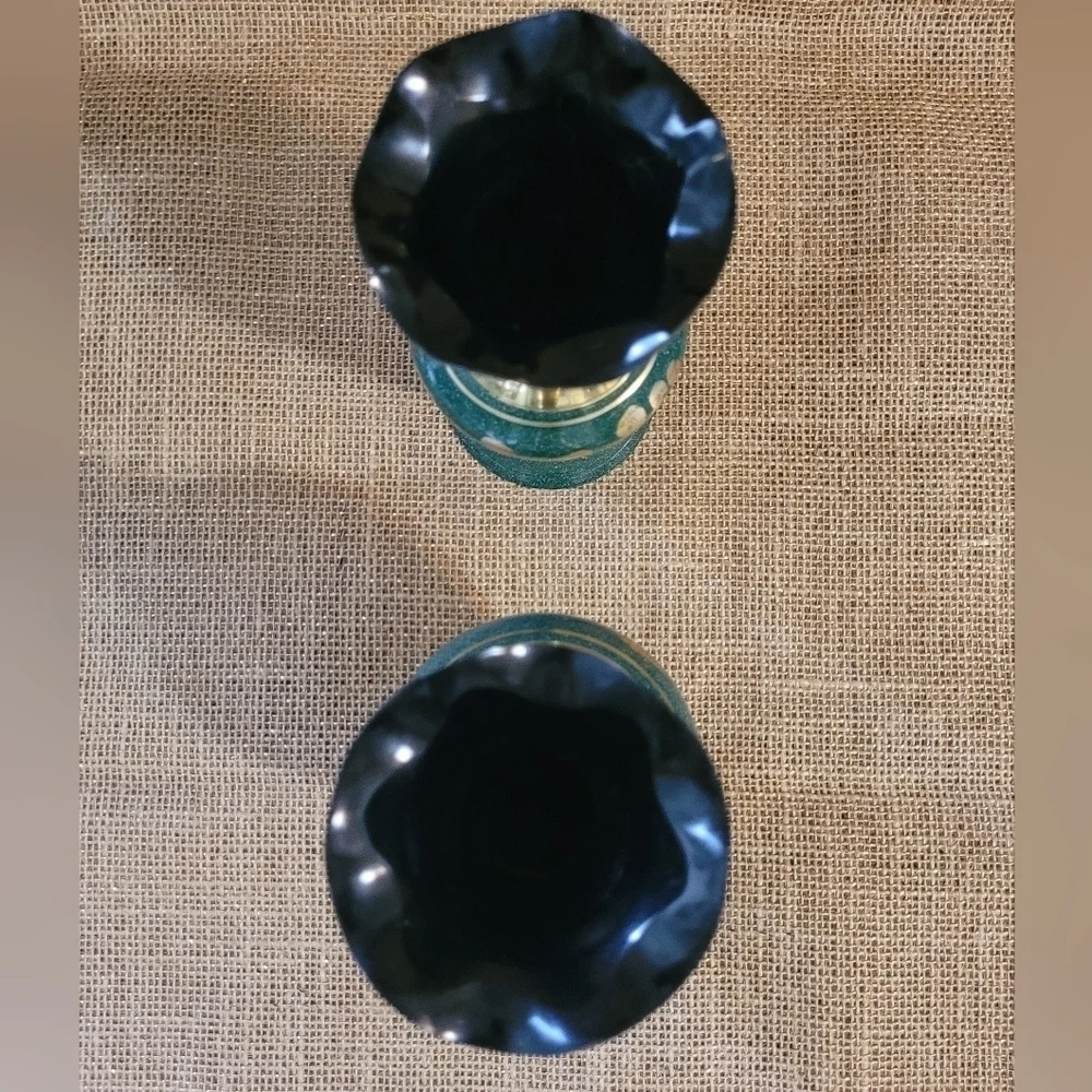 Green Enamel Brass Vase Set Of 2 Etched Floral Design Made In India